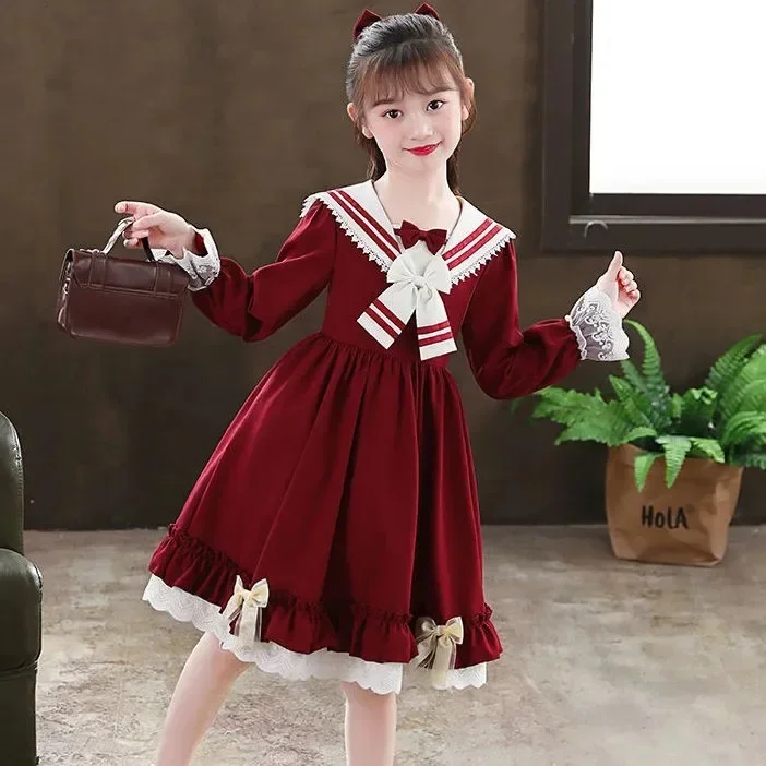 European 2023 winter Autumn girls Clothes retro teens sailor lace collar bowtie uniform Child Princess Dress 7 8 9 10 12 year