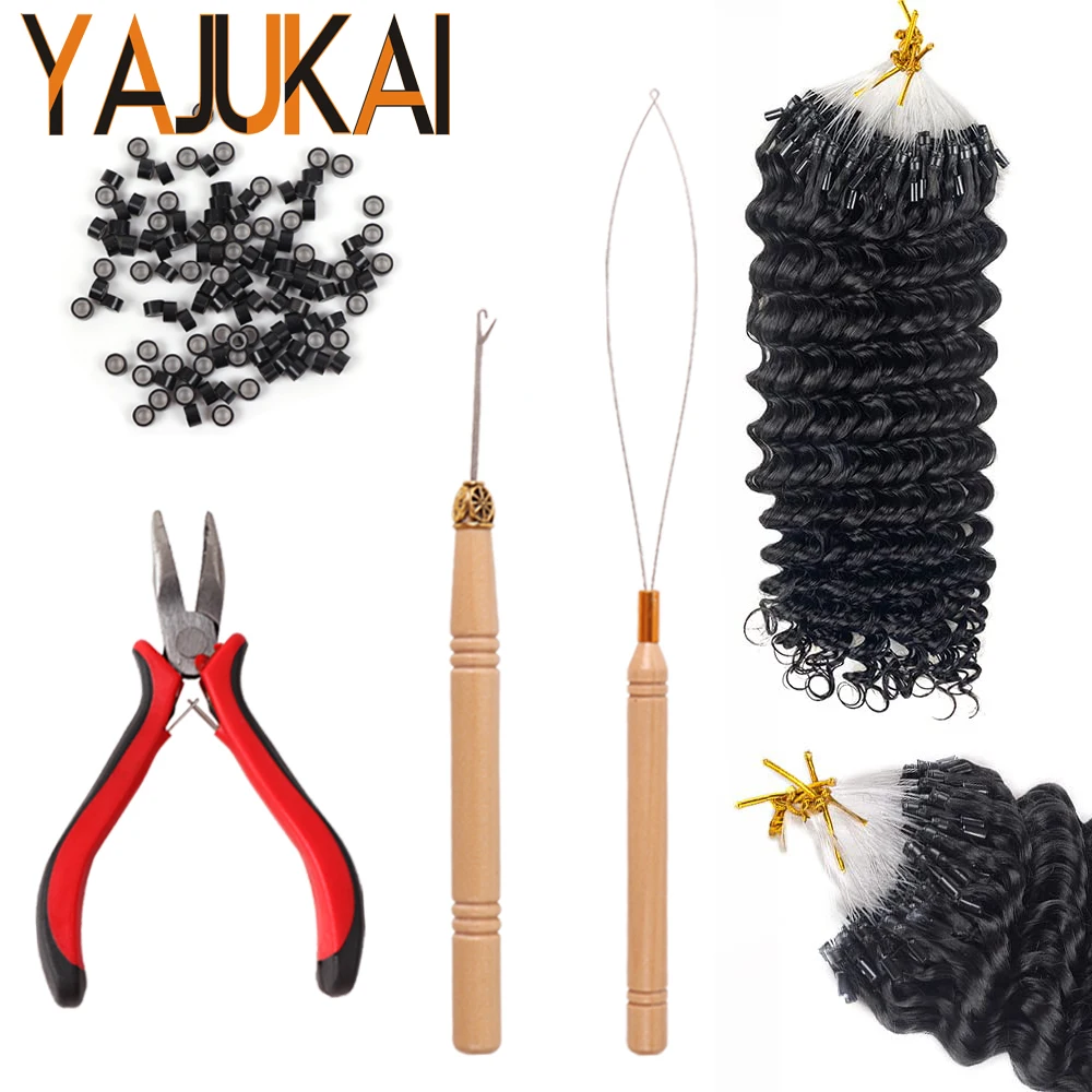 

Silicone Lined Beads For Human Hair Extensions With Pliers Wooden Crochet Hook Needle Threader Loop Tool Hair Extensions Tools