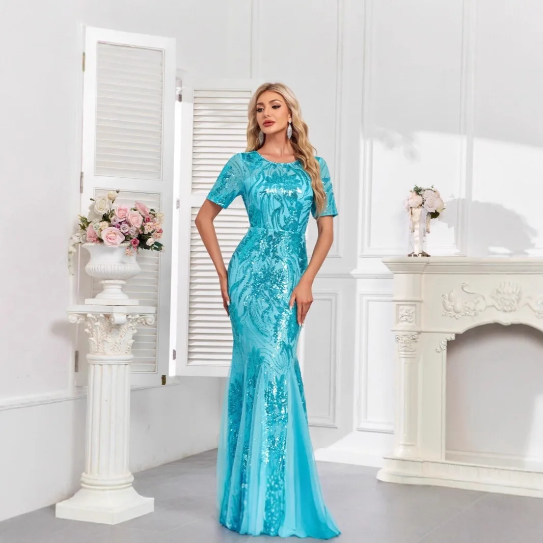 Sexy bla lantejoulas noite dr feminino cauda longa fi saia dr para banquete de casamento seda chinesa meados de cintura gola