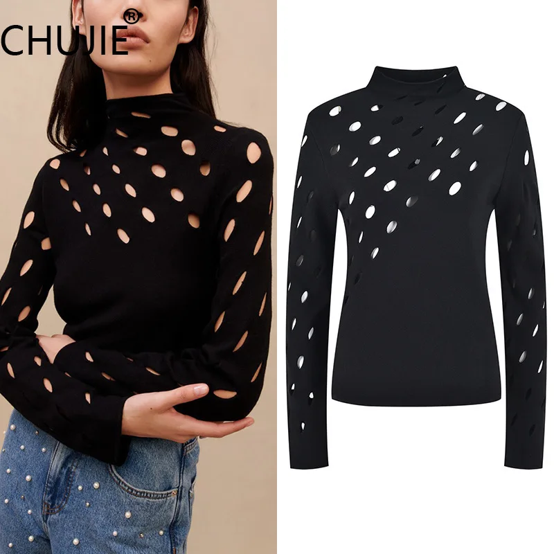

CHUJIE 2025 Early Autumn Black Hollow-Out Knit Top - Semi-High Neck Long Sleeve Hollow-Out, Slim Fit Casual Chic