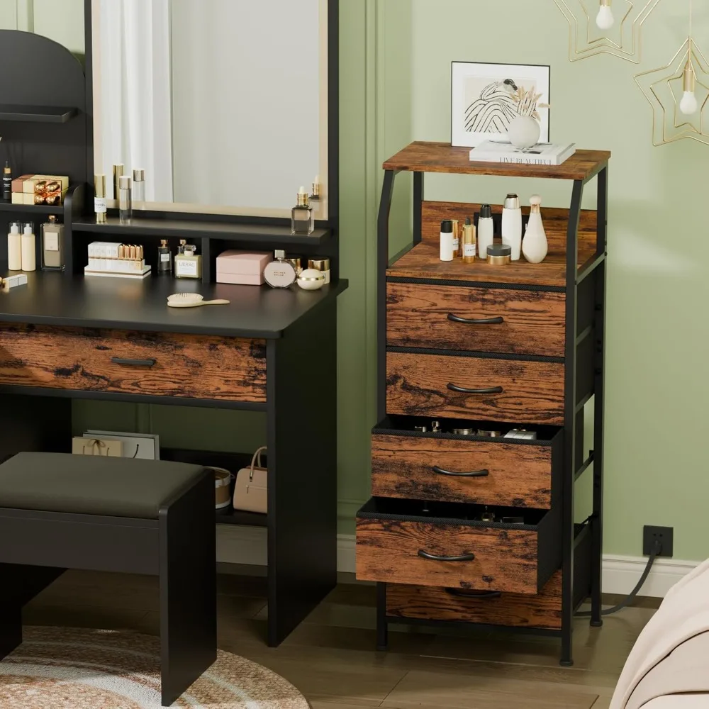 

5 Drawers Dresser with Charging Station, Tall Night Stand w/Storage Shelf, Fabric Chest of Drawers, Bedside Table ,3 Ways to Use