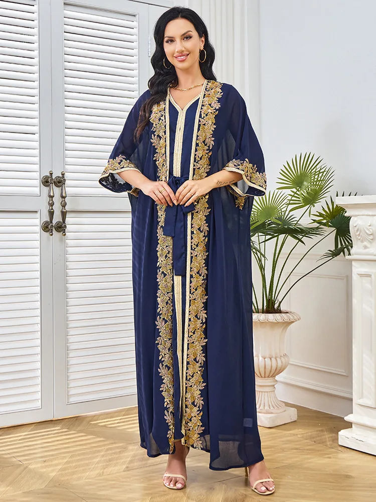 

Middle East Evening Dress Solid Color Beaded Bat Sleeve Elegant Lady Robe Cardigan Two-Piece Set Dress