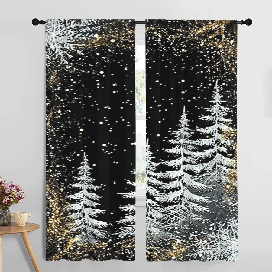 Elegant Black Forest Night Scene Curtain with Snowy Pine Trees and Golden Sparkles for Living Room Decor