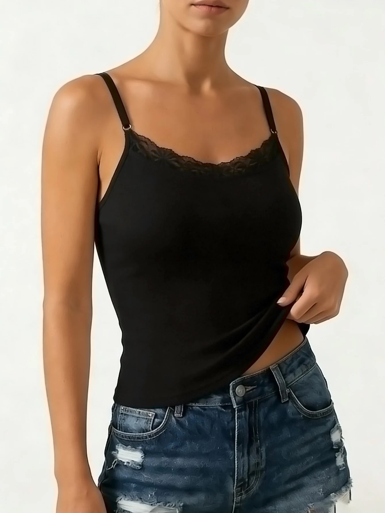 Women's Summer Camisole Lace Neckline Adjustable Thin Straps Built-in Padded Bra Breathable Sleeveless Top