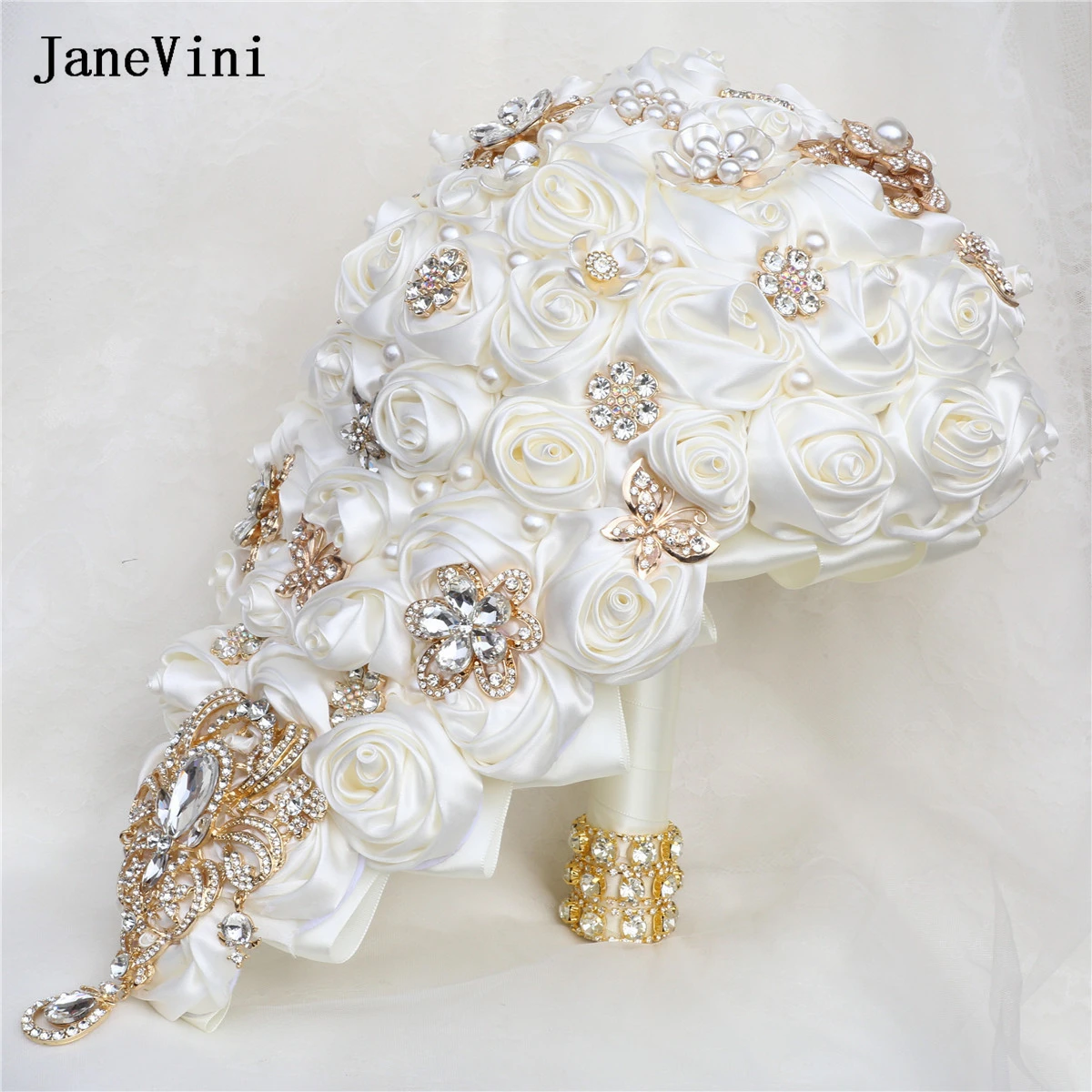 JaneVini Light Blue Cascading Flowers Rhinestone Waterfall Bridal Bouquets Artificial Satin Roses Pearls Wedding Brooch Bouquet