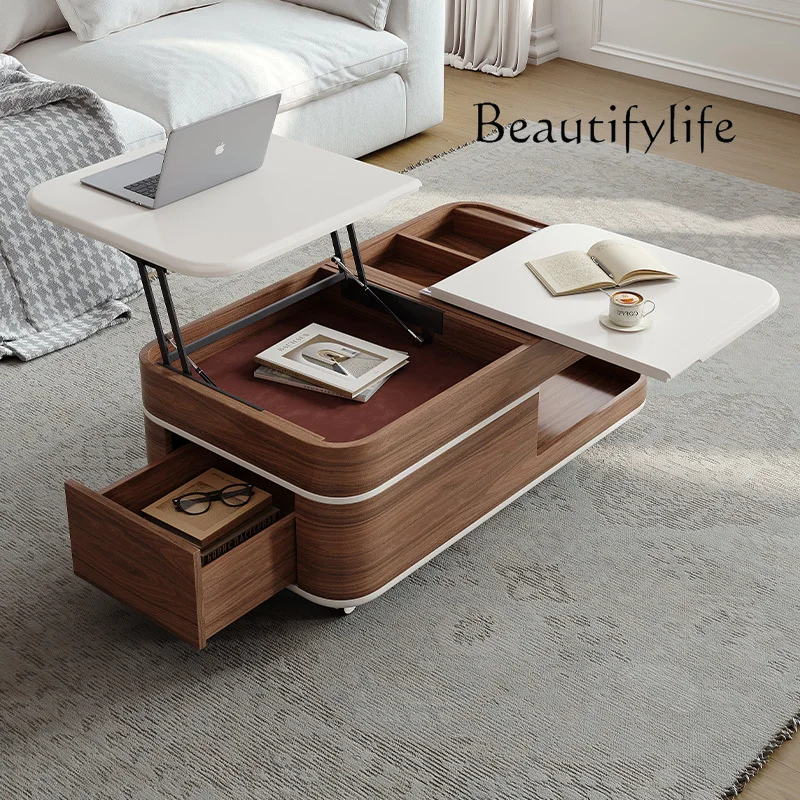 Mobile coffee table living room household large-capacity storage lifting cream wind coffee table