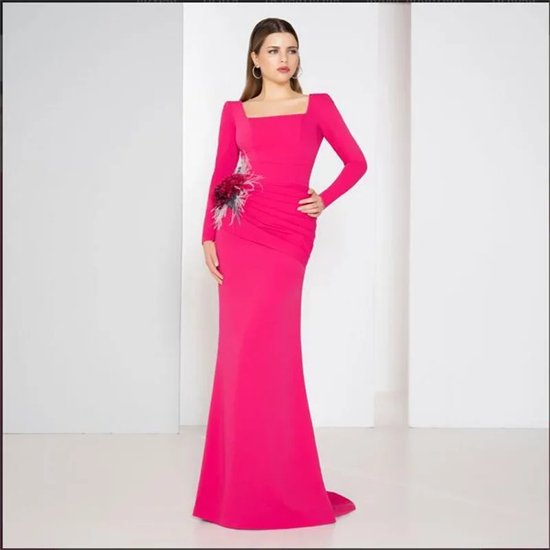 

Dora New MULONG Red Prom Evening Dresses Long Sleeve Party Dress 2023 With Flower Elegant Cocktail Gown Saudi Arabia Dubai Gown