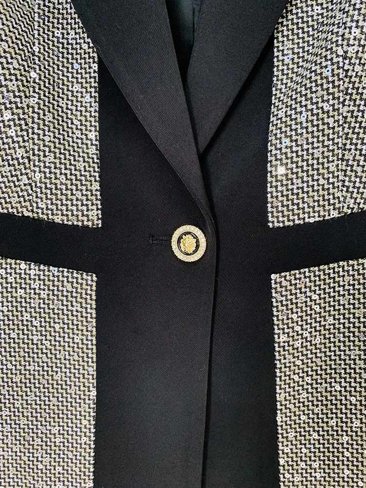 Blazer e calças de lantejoulas slim fit feminino, passarela de rua alta, bloco de cores, estilista mais recente, 2022