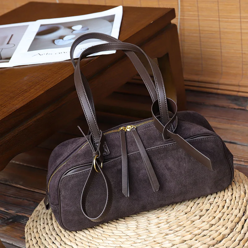 Suede Cowhide Boston Bag Vintage 2026 Autumn/Winter New Genuine Leather Shoulder Bag, Bowling Bag, Underarm Bag For Women