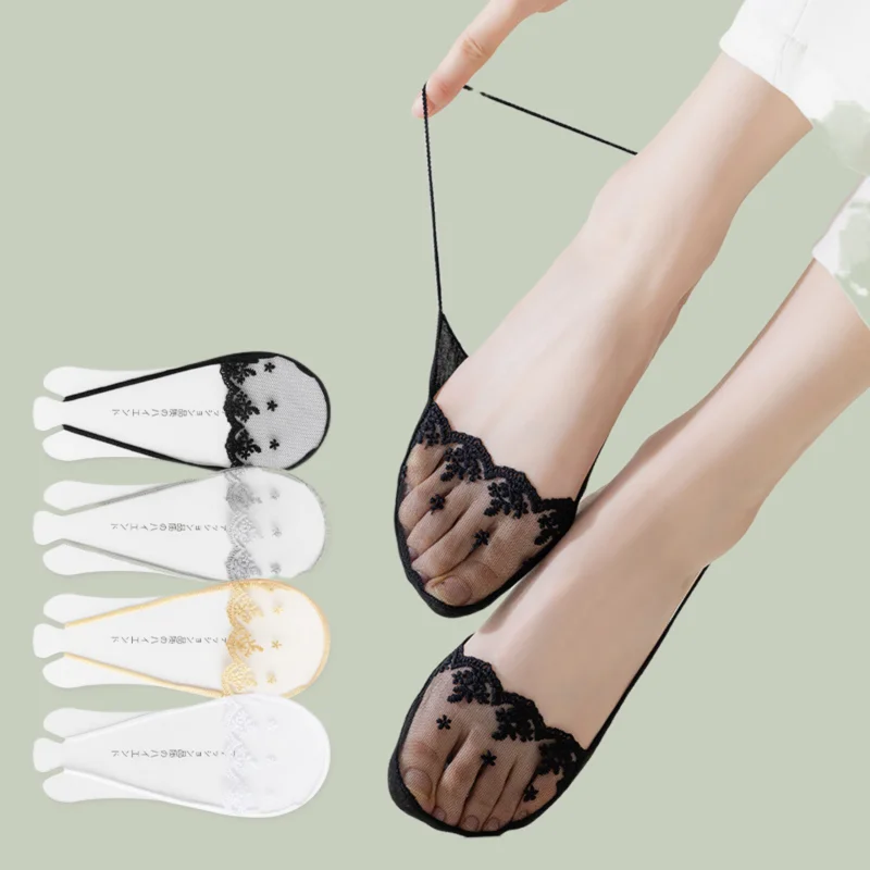 

2/5 Pairs Spring And Summer Thin Lace Suspender Boat Socks Non-slip No-fall Heels Single Shoes Invisible Shallow Mouth Socks