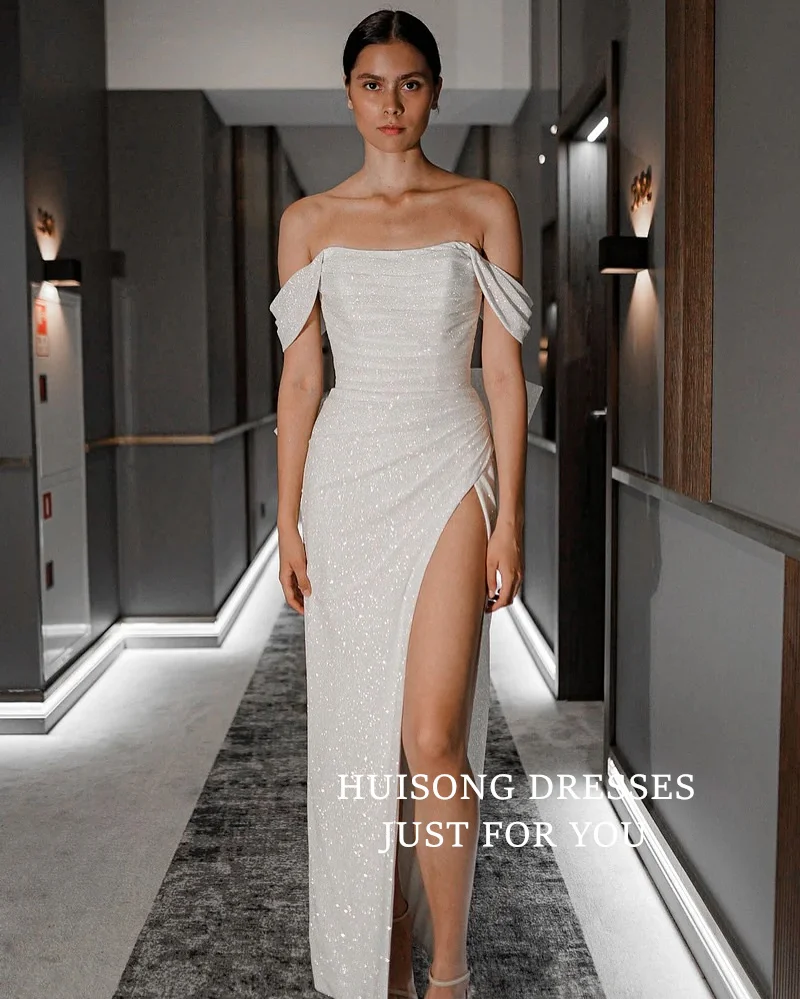 

HUISONG Customized Glitter Mermaid Wedding Dresses Off Shoulder Sleeveless Side Split Shiny Bridal Gown vestidos de novia