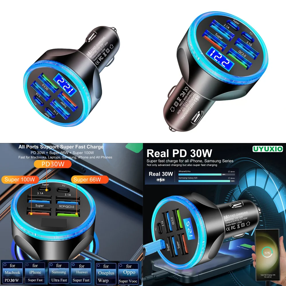 Super Fast Charging Full PD 30W USB C Car Charger Adapter with Voltmeter Multi Port with Voltage Display for iPhone Samsung
