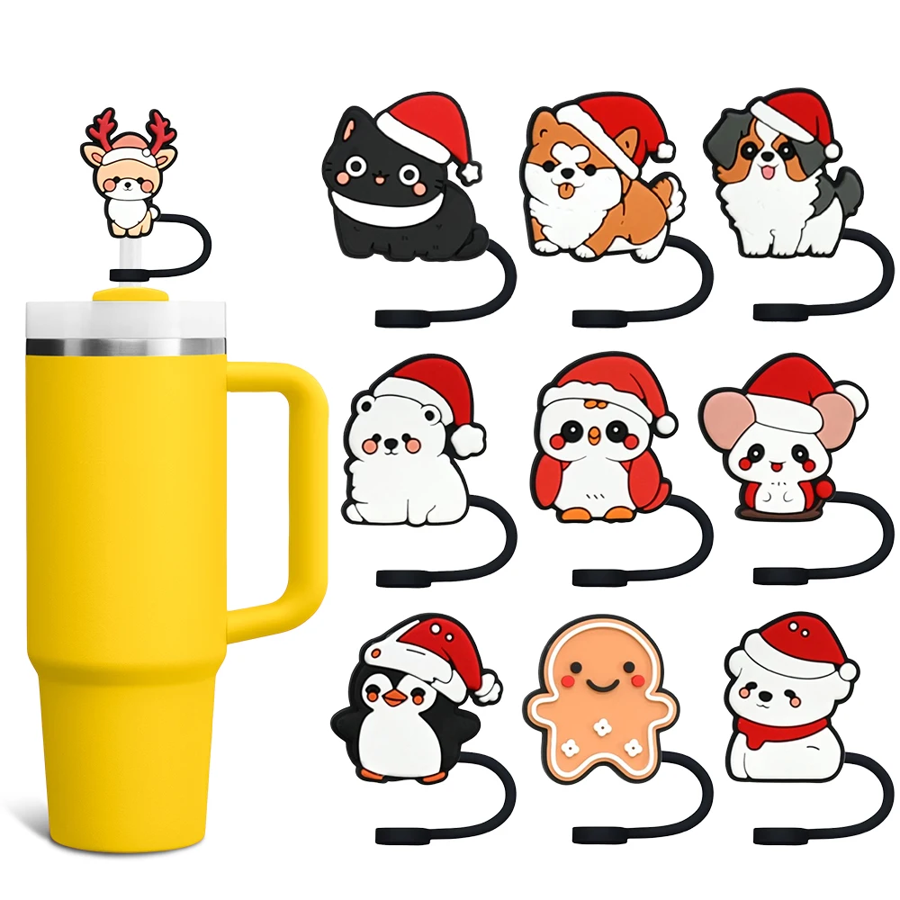 

Christmas Hat Animals Straw Cover Cap 10MM Eco-friendly Straw Plug Splash Proof Drinking Cup Charms Pendent Home Party Gift