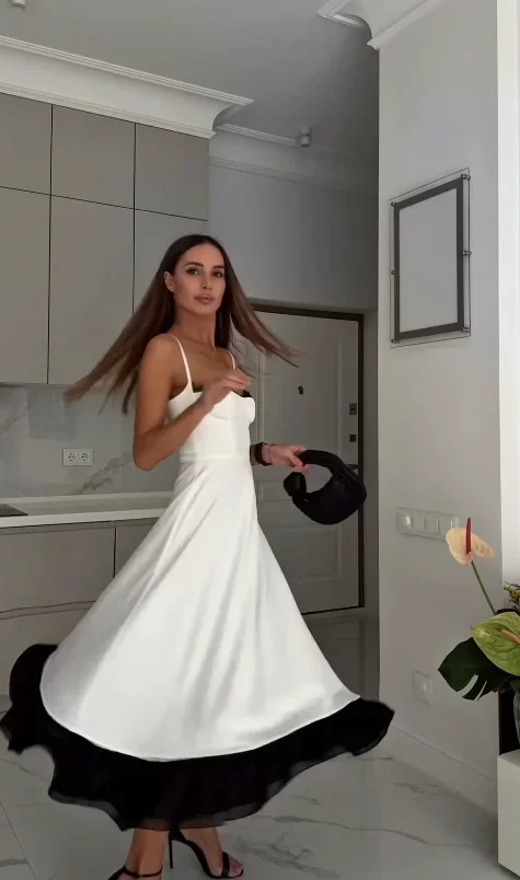 Women White Black Contrast Midi Dress Spaghetti Strap Sweetheart Neck A Line Elegant Sexy Formal Evening Party Dresses 2026 Y2k