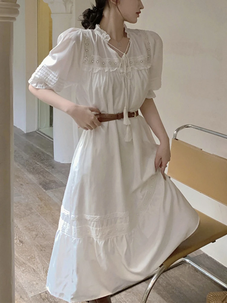 White Lace Hollow Out Dress Women Boho Beach Dress Female Midi A-Line Casual Dress Ladies Elegant Long Holiday Dress Summer