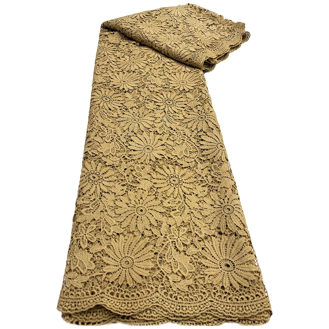 

Wholesale Gold Unique Guipure Lace Soft Embroidery African Cord Fabric Nigerian Swiss Garment Cloth Skin Friendly Top Quality