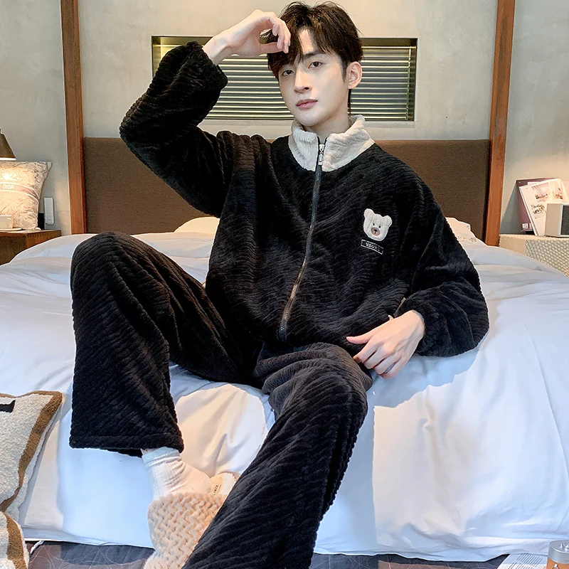 Winter Male Thickening Flannel Lounge Wear Long-sleeve Coral Fleece Sleepwear Big Yards Pajamas Zipper Cardigan Pijamas Hombre