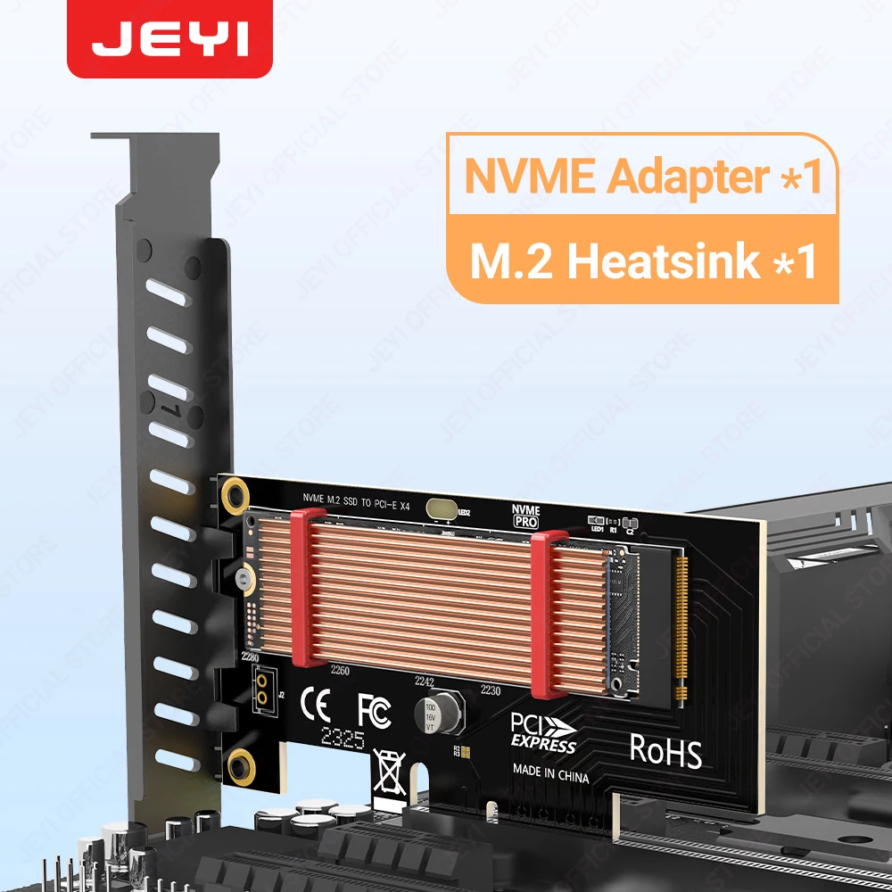 JEYI PCIe-zu-NVMe-Adapter mit Aluminium-SSD-Kühlkörperkühler, 64 Gbit/s M.2 SSD Gen4 PCIe 4.0 X4 X8 X16 Erweiterungskarte für Desktop