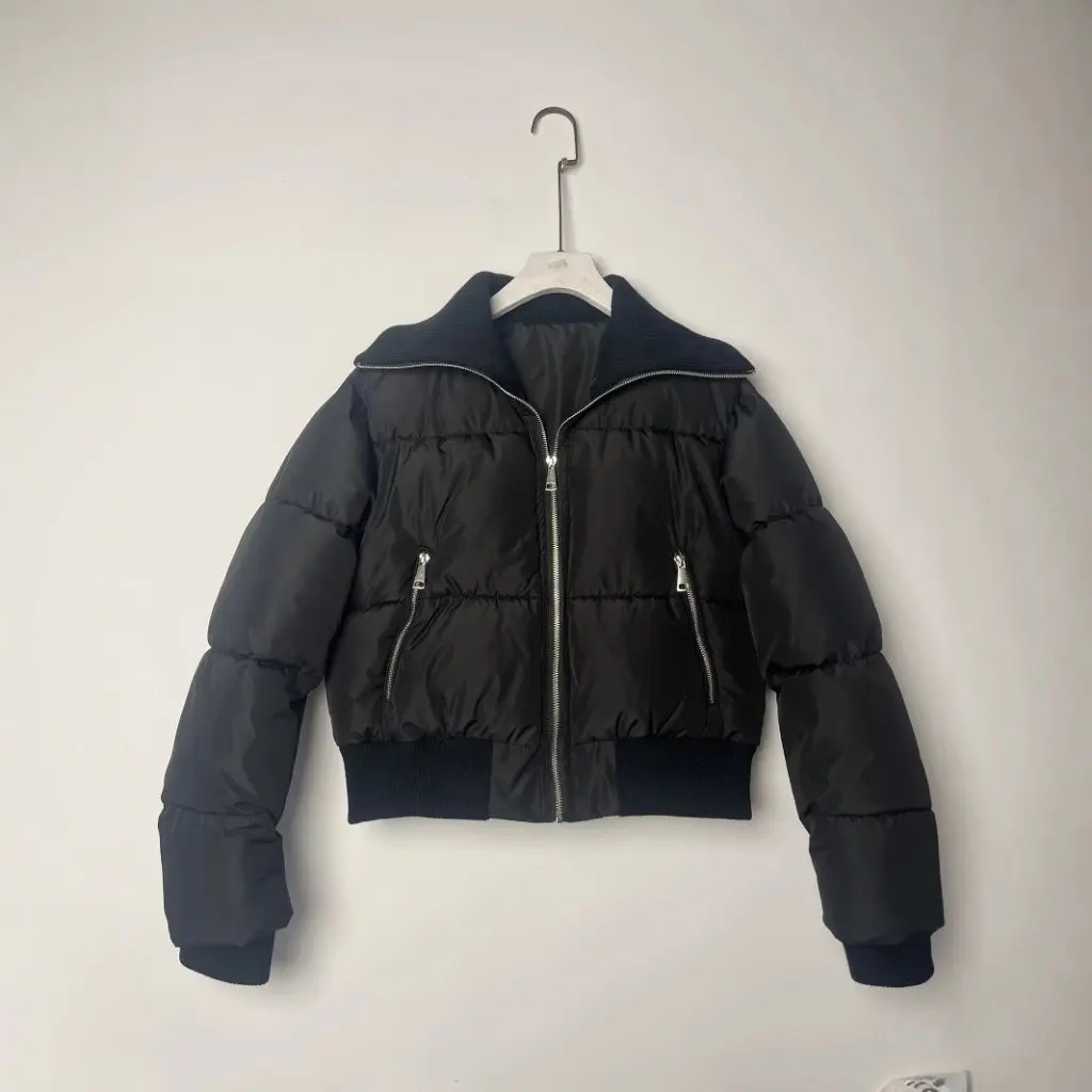 

Women's Black Rib Lapel Long-Sleeved Cotton-Padded Jacket Warm Thick Autumn Winter European American Style Spice Girls Inspired