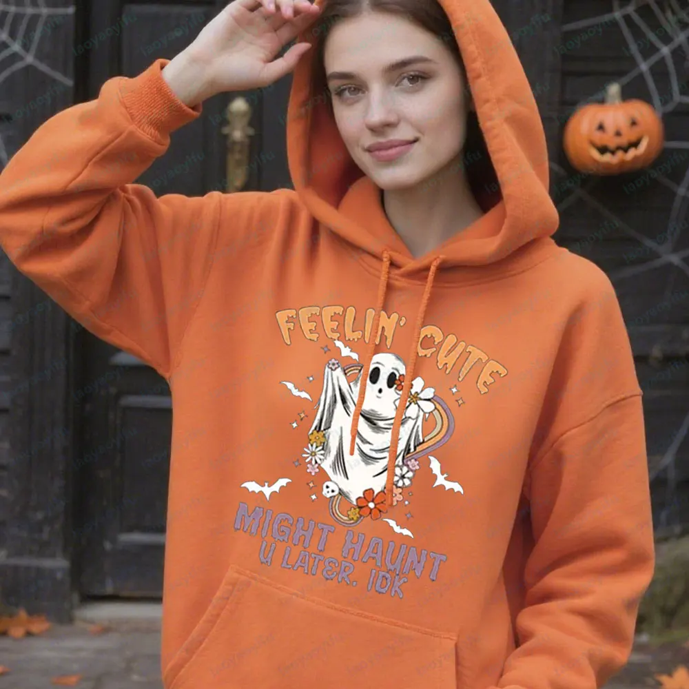 Feelin Leuke Halloween Ghost Hoodies Retro Bloemen Halloween Tops Dames Unisex Herfst Sweatshirts Grafisch Gedrukt Trendy Streetwear