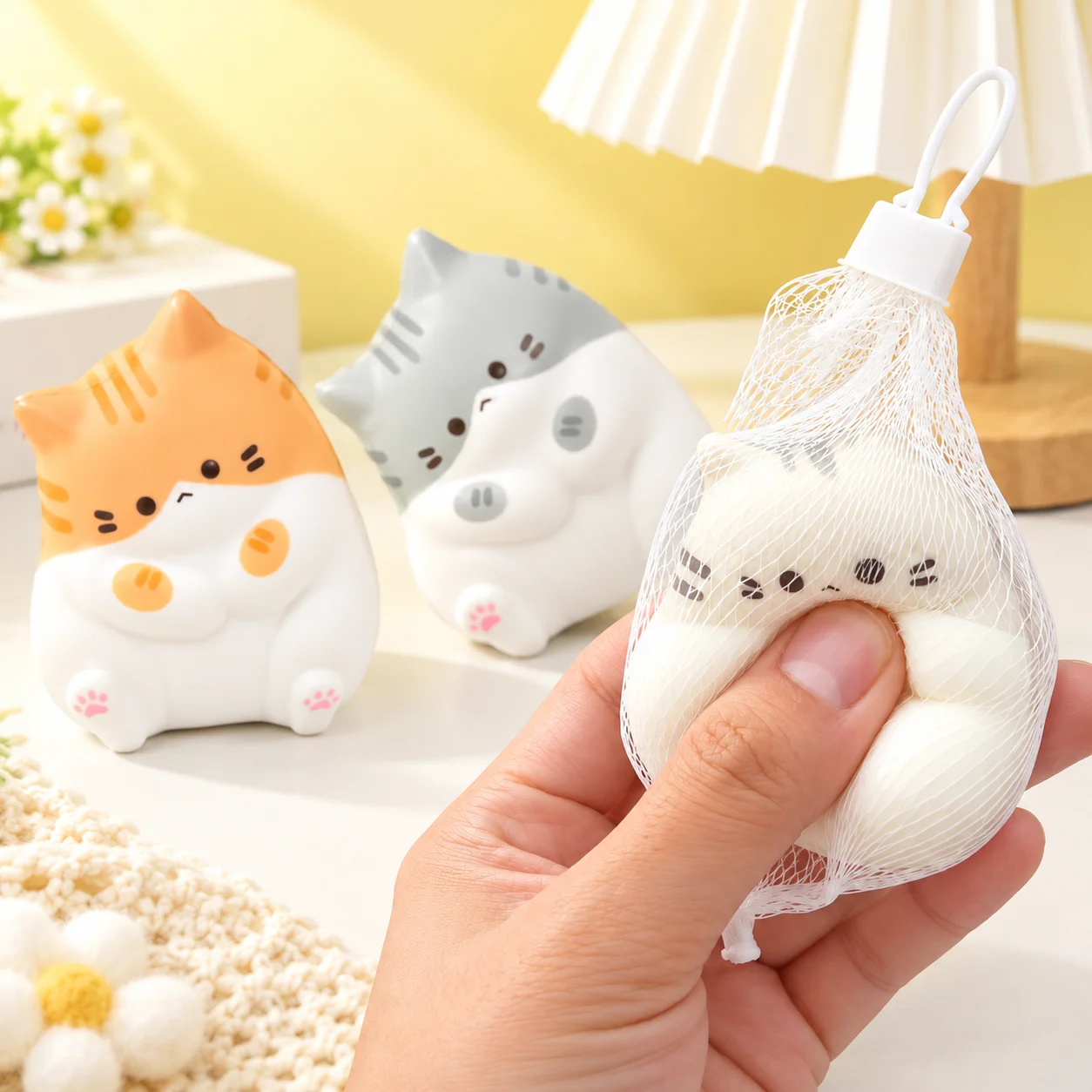 Cat Squishy Toy Soft Squeeze Stress Relief Fidget Mini Desktop Decompression Toy 3 Styles