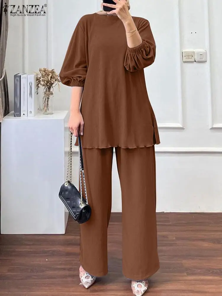 

ZANZEA Muslim Women Fashion Matching Sets 2PCS Casual Long Sleeve Blouse Pants Sets Solid Loose Dubai Turkey Abaya Outifits