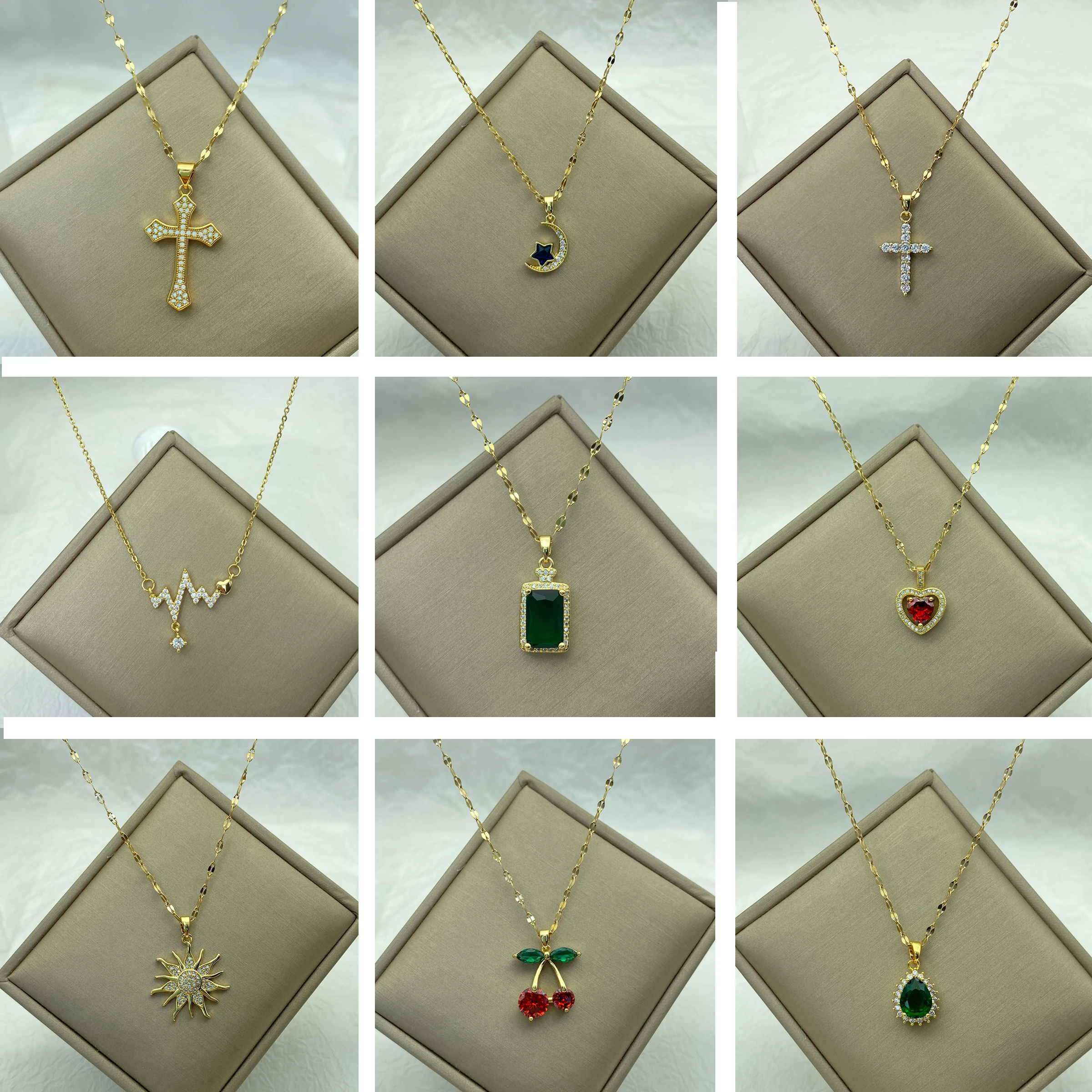 Gold Color Stainless Steel Necklace for Women Style Butterfly Jewlry Green Water Drop Copper Pendant Zircon Pearl Cross Butterly