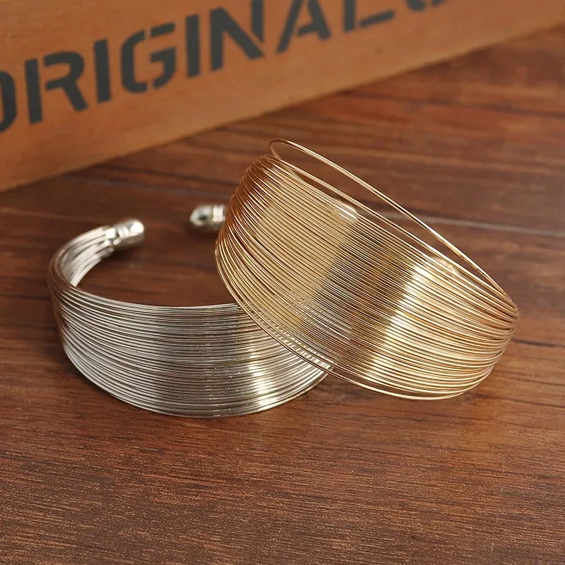 Vintage Smooth Irregular Twist Wide Bracelets For Women Gold Color Multilayer Wires Geometry Open Cuff Bangles Jewelry Gift