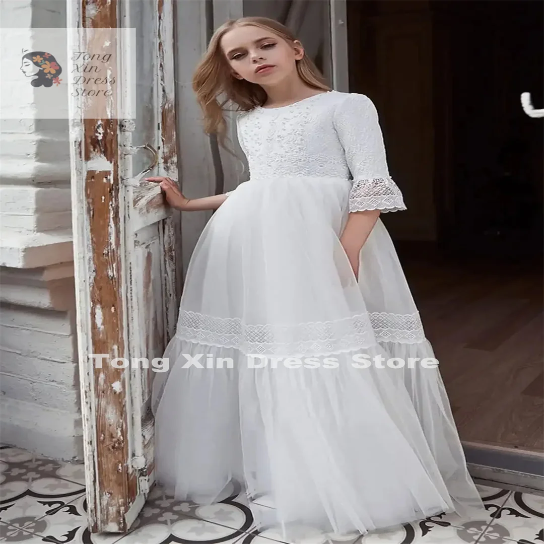 Gorgeous Ivory Long Lace Flower Girl Dresses Pearls Half Sleeves Princess Holy First Communion Dress Tulle Wedding Party Dress