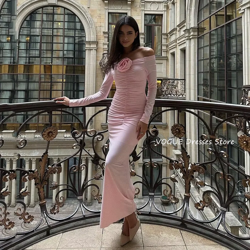 

Tight Waist Evening Dresses Off the Shoulder Fancy Ruched Party Dress Flower Fitted Formal Evening Gown Special Occasions