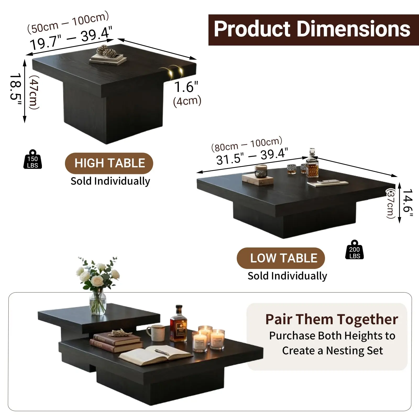Coffee Table Modern Rustic Square Center Table with Wooden Legs, 1.6