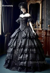 Gothic Black Wedding Dresses Off The Shoulder Vintage Victorian Bridal Gowns Corset Princess Bustle Ball Gown Medieval Vestido