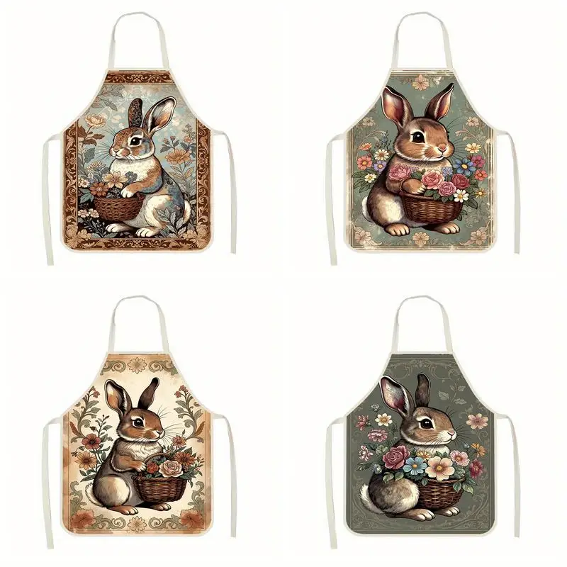 

Vintage Bunny Pattern Apron Linen Apron, Suitable For Kitchen Cooking, Parent-Child Interaction, Painting And Other Scenarios