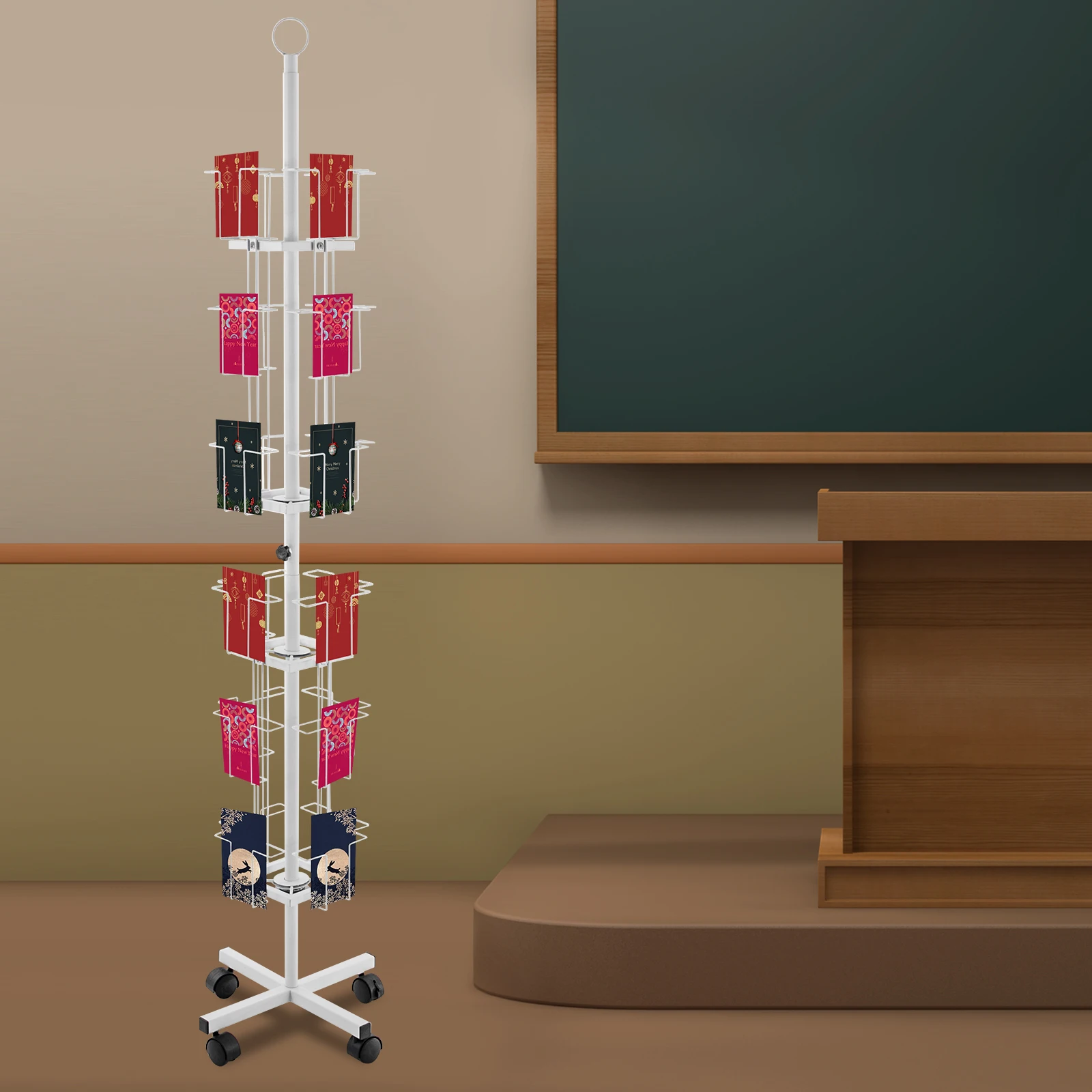 

White Iron 1.73-meter-high Six-story Greeting Card Rack 24-bit Rotary Card Display Rack with Brake Wheel.