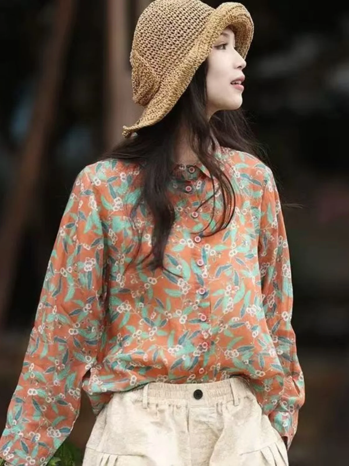 

Loose Fit Floral Print Cotton Linen irt Women's Long Sve Oversized Versatile irt Autumn New Sle ape Sandal S...