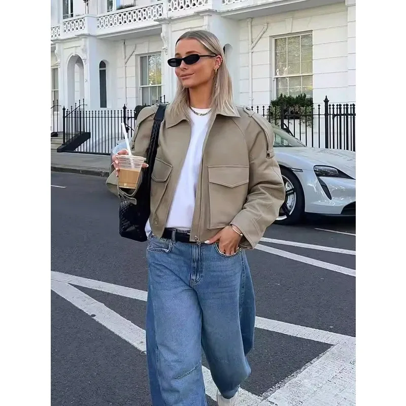 Solid Lapel Cropped Cargo Jacket Epaulet Shoulder Zipper Front Patch Pockets Long Sleeve Loose Women Casual Outdoor Coat 260702