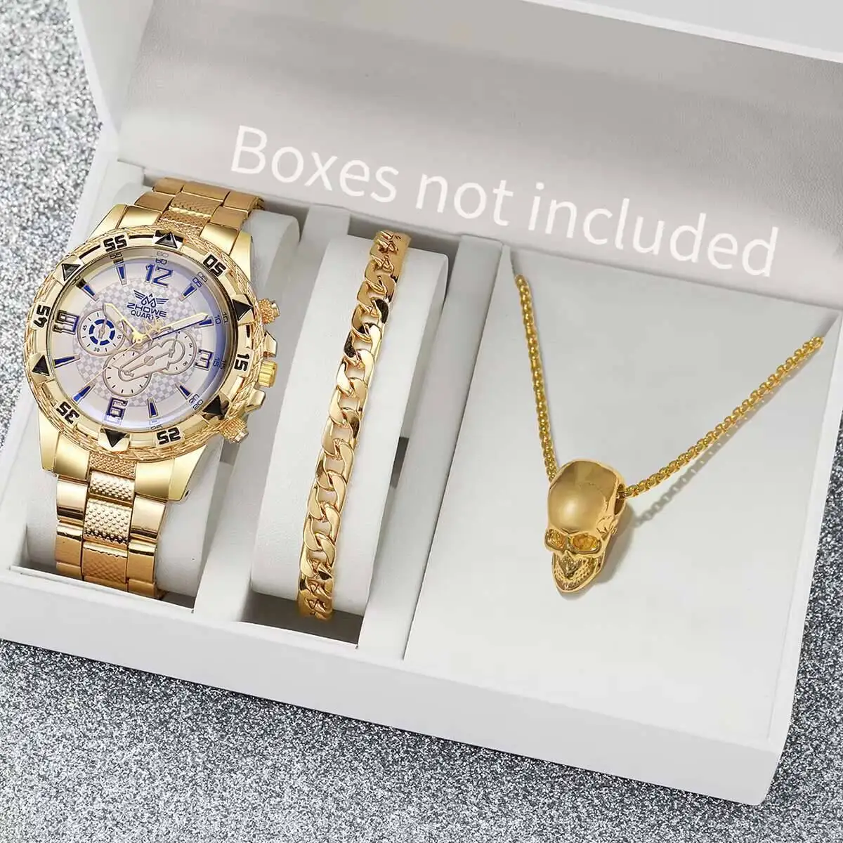 スチールストラップ付きメンズクォーツ時計,ビジネスウォッチ,メンズファッションジュエリーセット,ボックスなし,1セットあたり3個