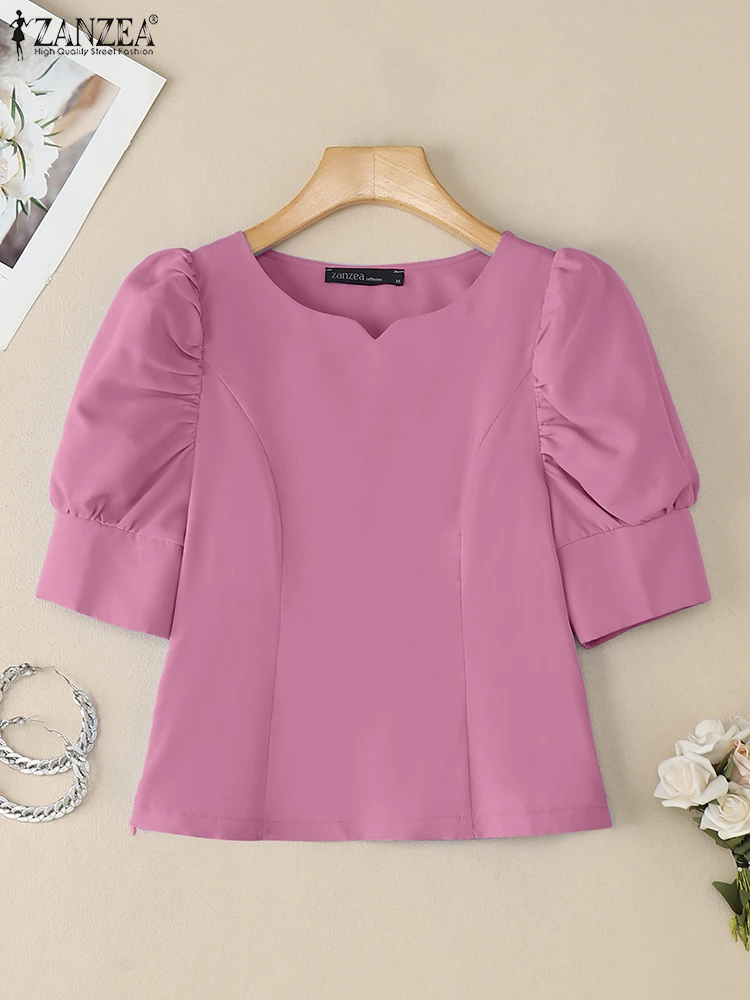 ZANZEA Elegant Women's Slim Fit Short Blouses Romantic Heart-Shaped Neckline Short Puff Sleeve Side Zipper Solid Color Tops 3XL