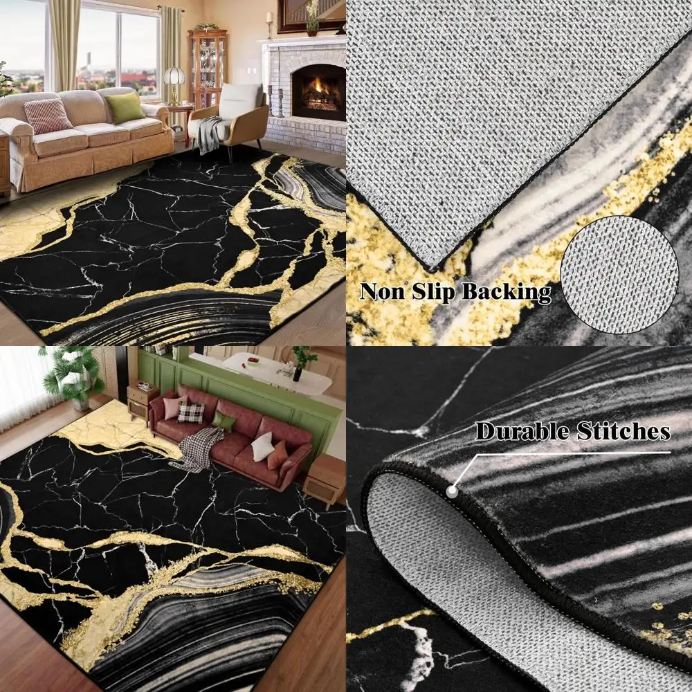 ASPMIZ Alfombra negra y dorada Alfombras lavables 6x9 para sala de estar, Alfombras de dormitorio de mármol de lana sintética suave Carpe de piso moderno antideslizante
