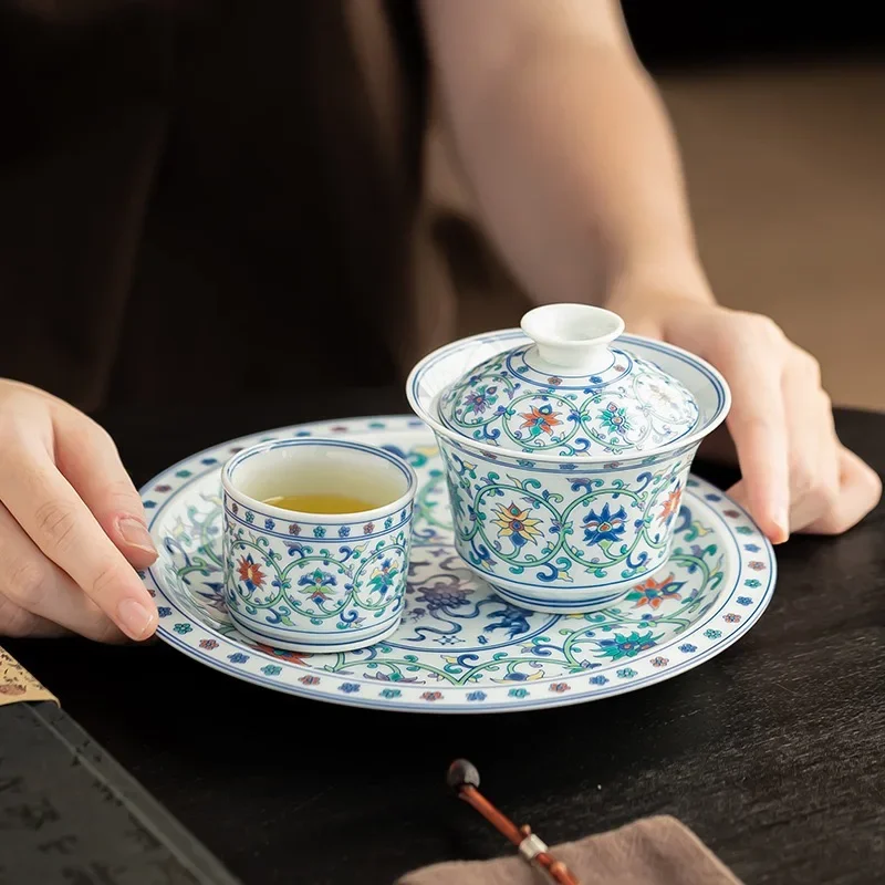 Doucai Entangled Lotus Cover Bowl Teacup Kung Fu Tea Set Retro Chinese Tea Bowl Hovering Enamel Cover Bowl Pot Holder Master Cup