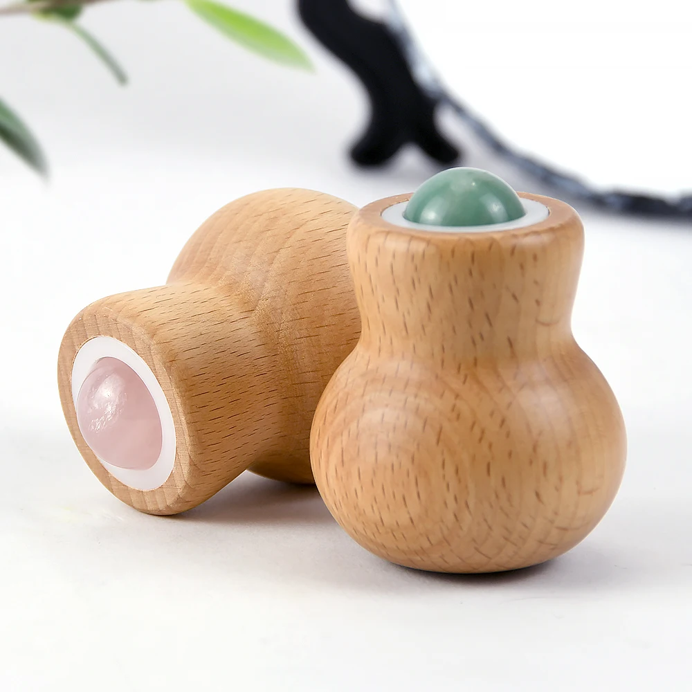 1pcs Wooden Gourd Shape Natural Jade Facial Roller Balls Massager with Box