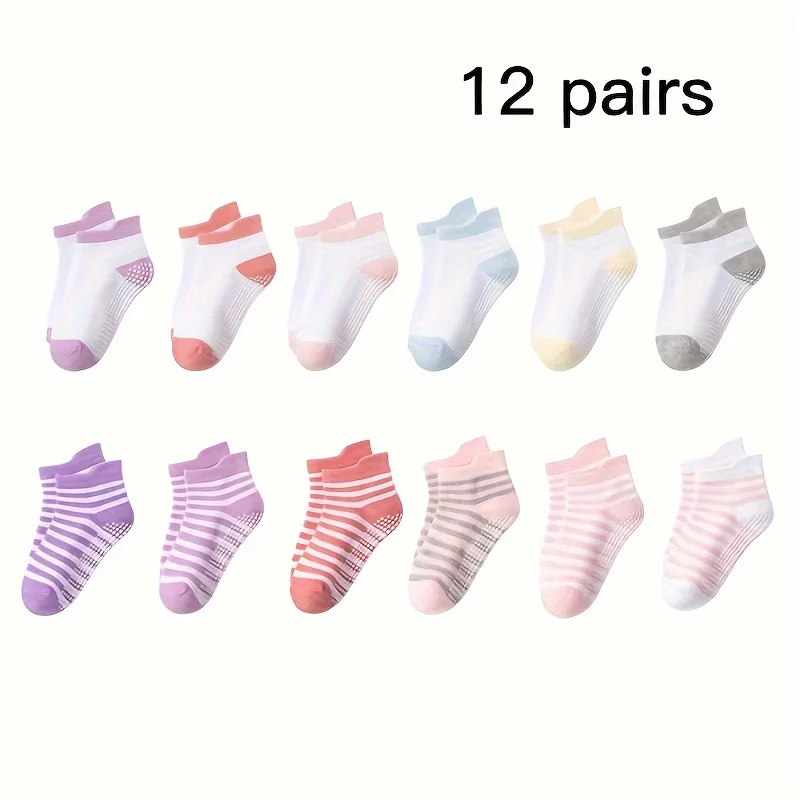 12 Pairs Girls' Baby Girls' Non-Slip Dispensing Small Ears Children's Solid Color Striped Color Matching Cotton Socks