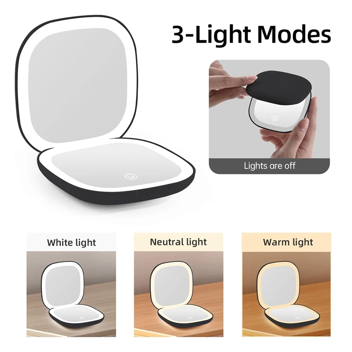 Pocket Magnifying Makeup Mirror with LED Light 3.5 Inches 10X Magnification Double Sided Rechargeable Touch Screen Black