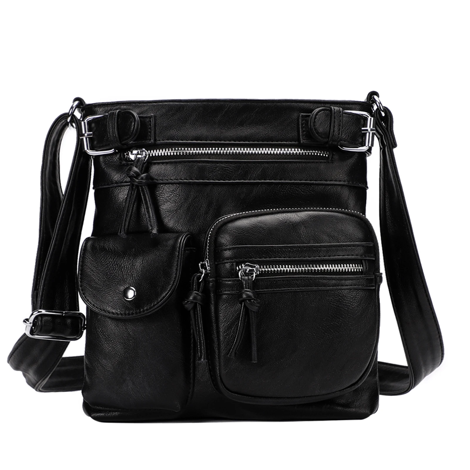 

Vintage Multi-pocket Crossbody Bag for Women Solid Color Soft PU Leather Shoulder Sling Casual Travel Bag