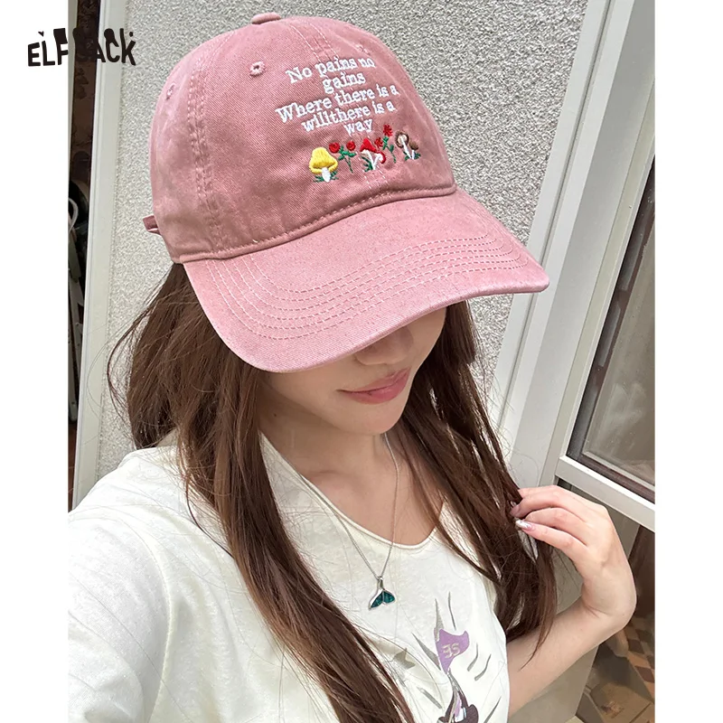 

ELFSACK Women's Floral Embroidered Baseball Cap, Adjustable Cotton Dad Hat with Letter Print, Casual Sun Hat for Daily Use