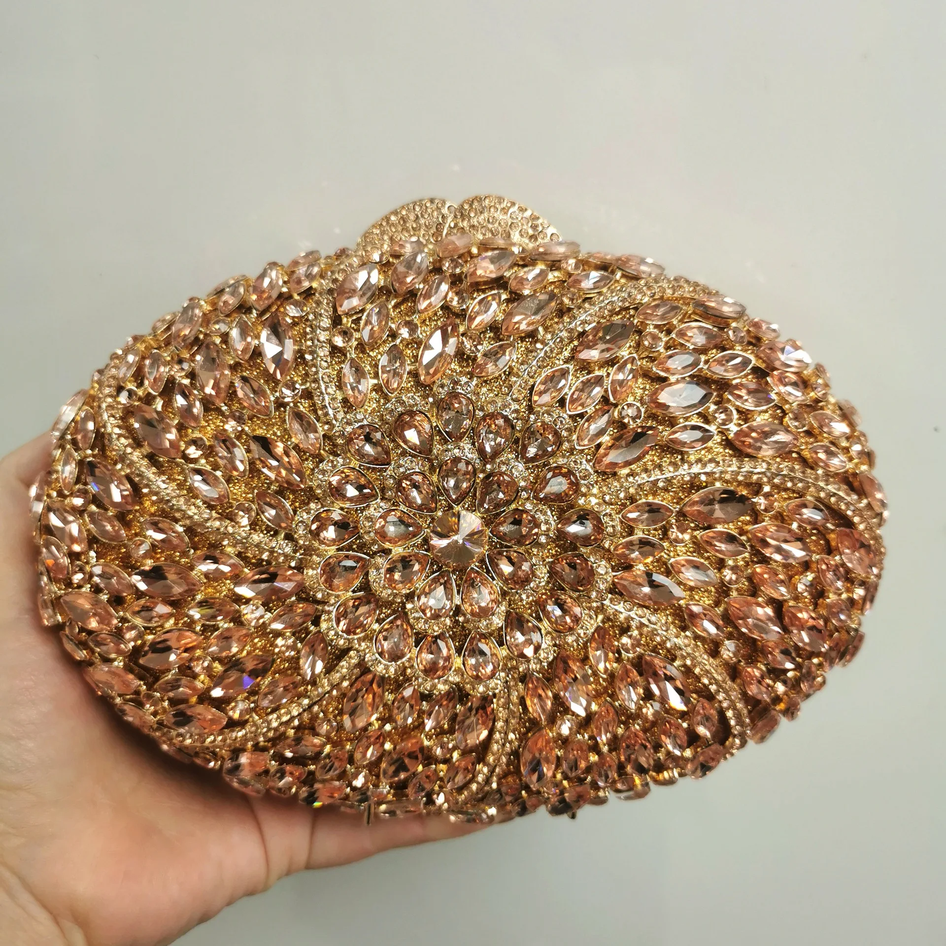 

Pink Gold Champagne Crystal Evening Flower Bag Floral Stones Lady Clutch Purses Diamond Wedding Bridal Party Gala Handbag