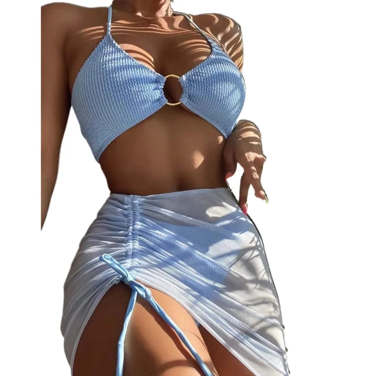 

Women'S Bathing Suits 3 Piece Halter Ring Bikini Set With Cover Up Skirt And Bikini Split Swimsuit Female Summer Beach Wear