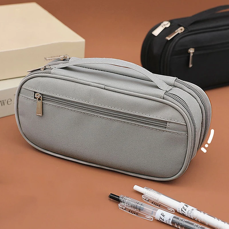 Fashion Solid Color Handheld Multi Layer Large Capacity Pencil Case Oxford Cloth Pencil Case Simple Stationery Storage Bag Gifts