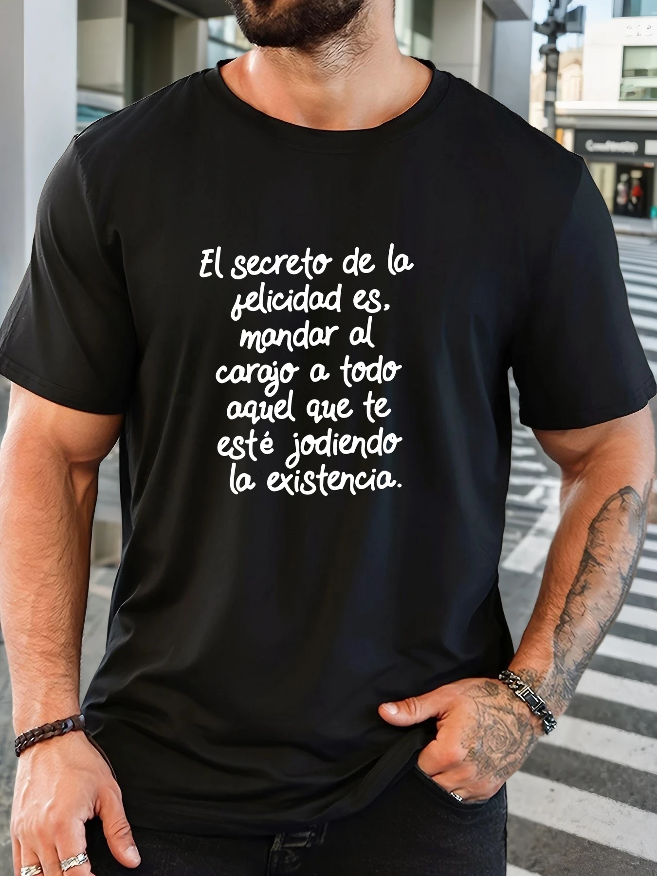 Men Black Crew Neck Tee Spanish Funny Happiness Quote Script Text Latin Culture Casual Soft Cotton Male Short Sleeve Daily Tops