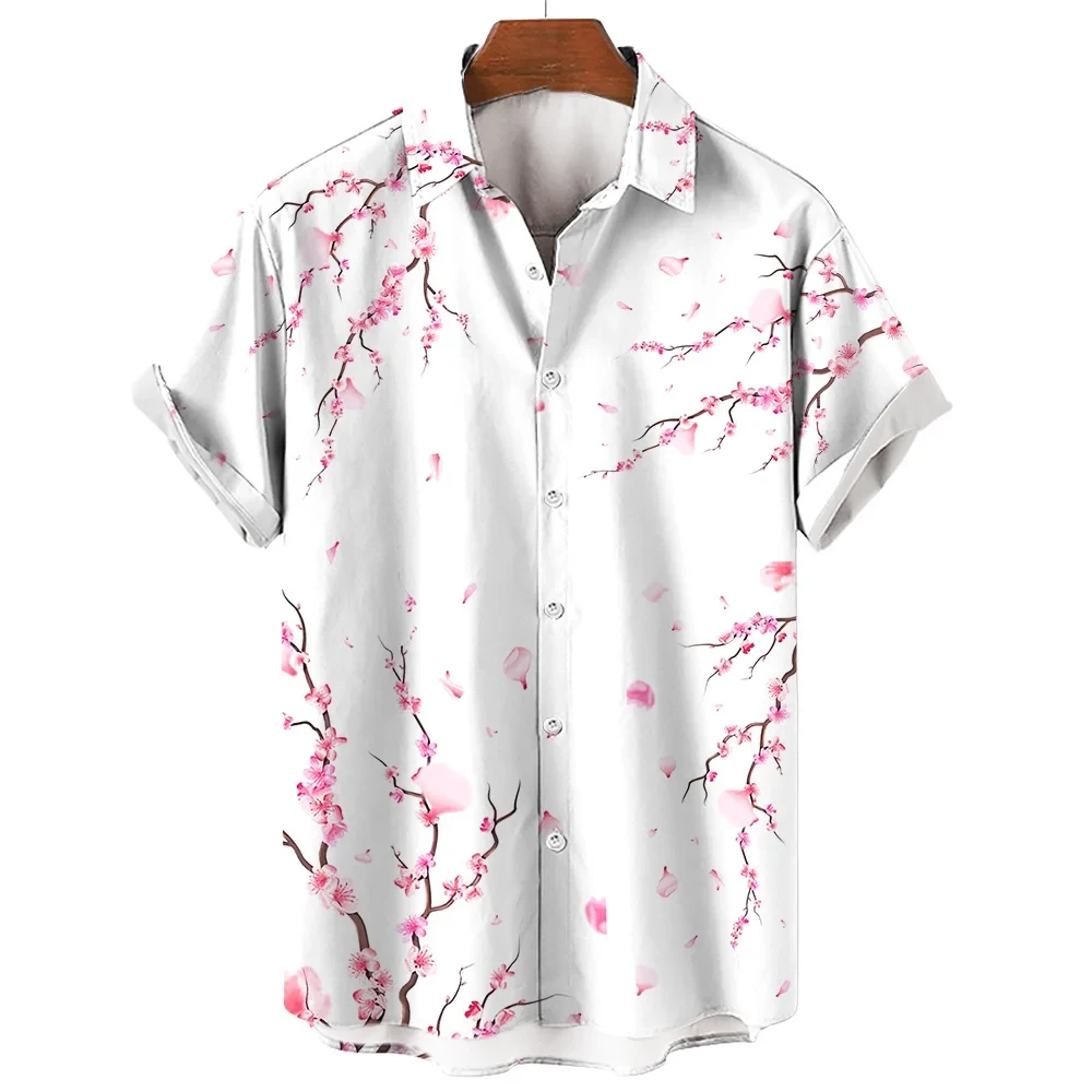 Camisa hawaiana de manga corta para hombre, blusa suelta con botones, ropa informal con flores de melocotón, moda de verano, novedad